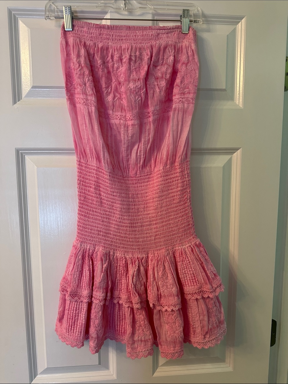 Pink Strapless Smocked Ruffled Summer Dress